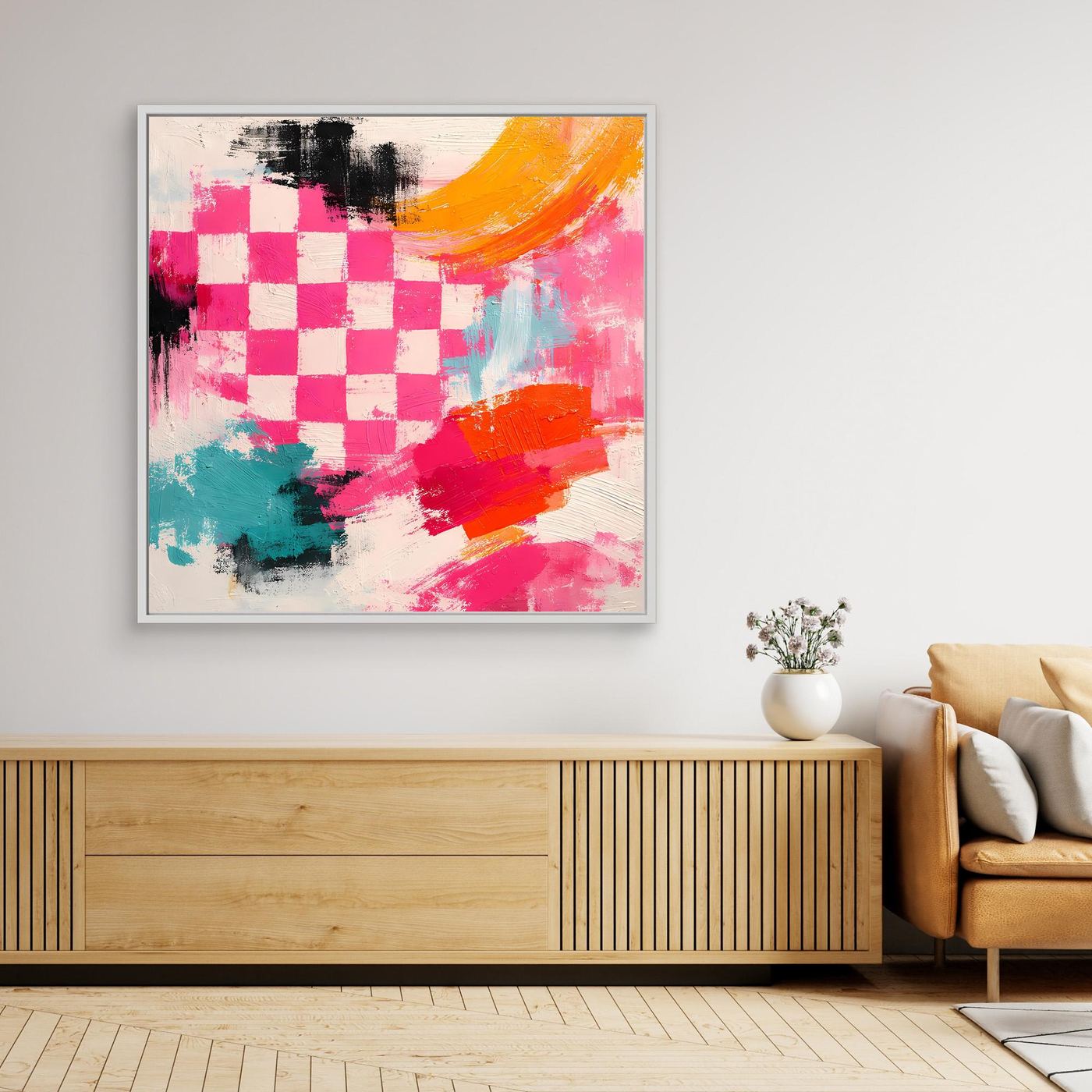 Gerahmtes Leinwand-Wandbild mit abstraktem Schachbrett-Herz in Pink, Türkis und Orange