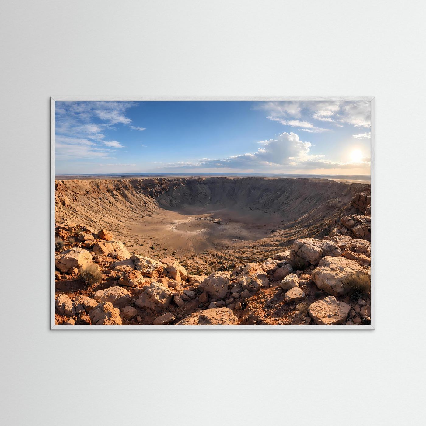 Naturfotografie-Poster mit weißem Holzrahmen: Meteoritenkraterlandschaft, Querformat