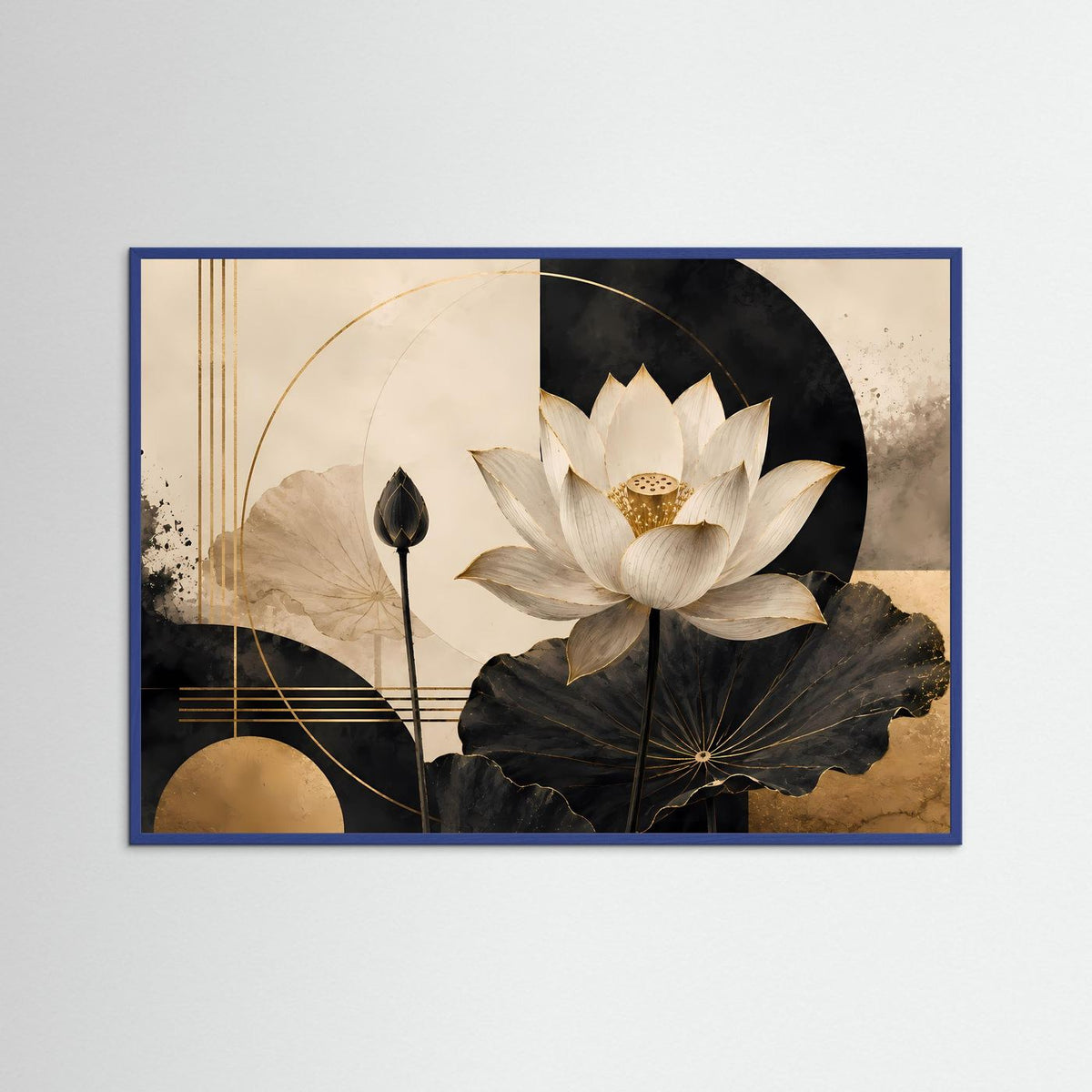 Abstraktes Lotusblüten-Poster im blauen Rahmen: weiße Lotusblüte auf Schwarz-Gold-Motiv