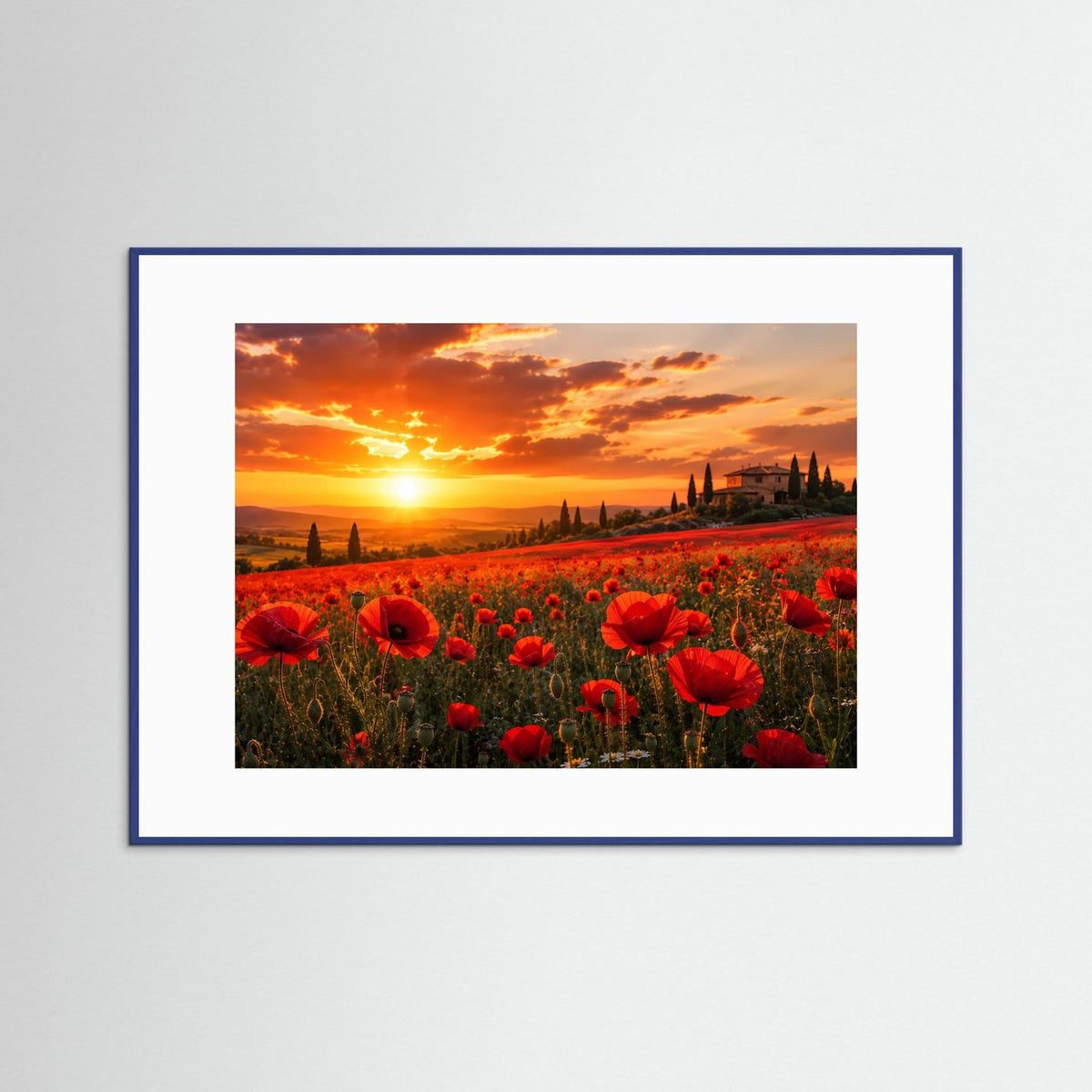 Querformat-Poster im blauen Holzrahmen mit roten Mohnblumen und Sonnenuntergang