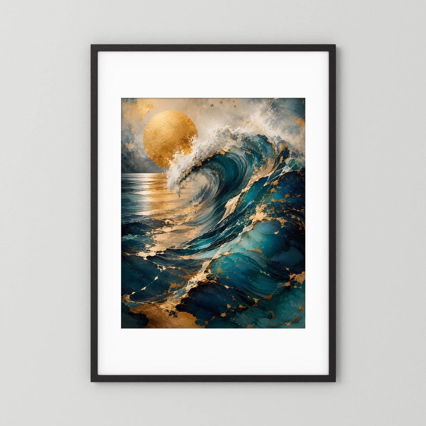 Kunstposter „Goldene Welle“ mit schwarzem Rahmen und weißer Einfassung, Petrol/Türkis-Welle