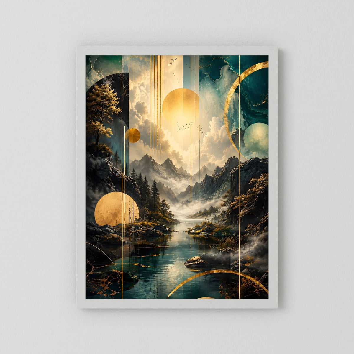 Poster im Hochformat ohne Rahmen, abstrakte Berglandschaft in Petrol & Gold.