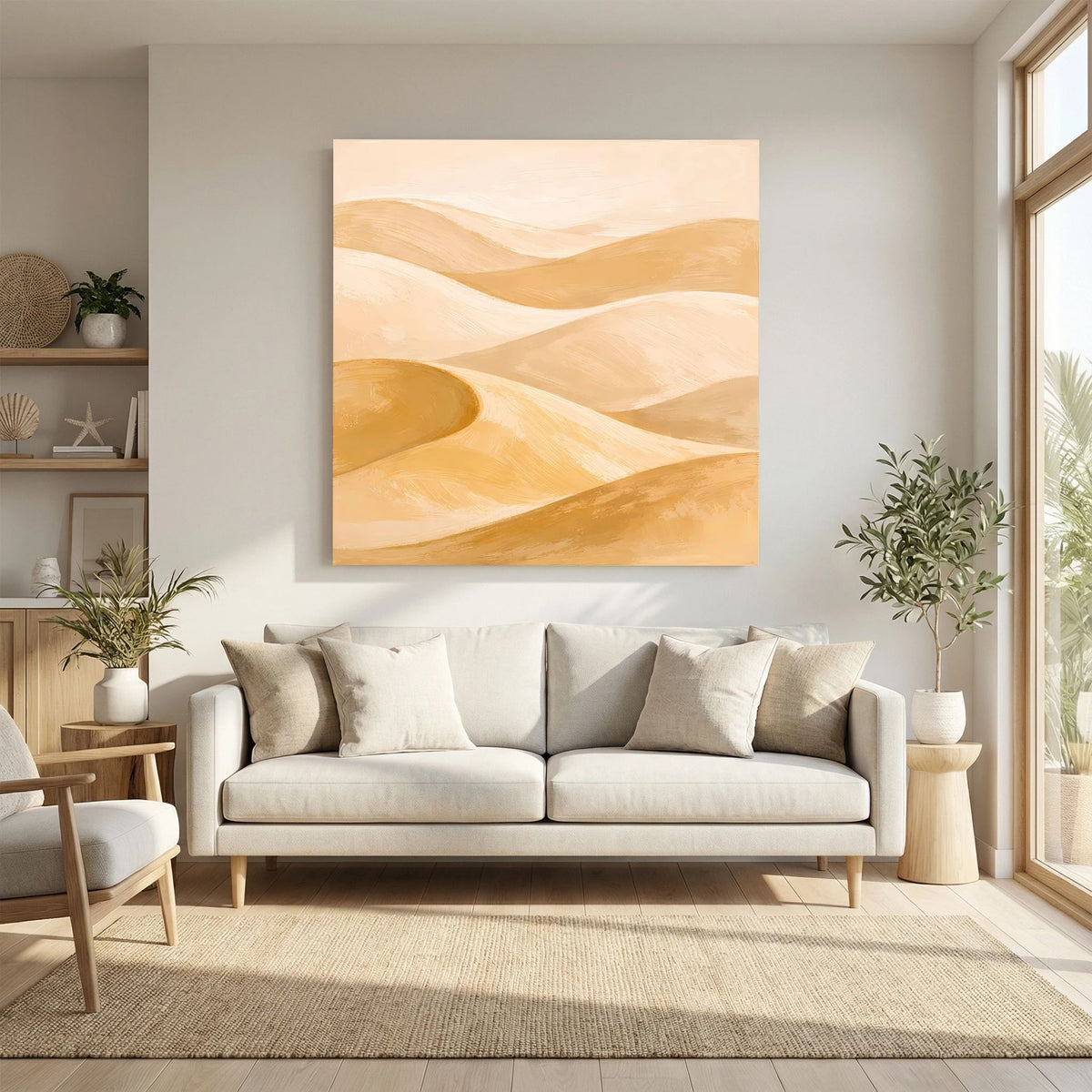 Quadratisches Leinwand-Wandbild mit abstrakten Dünenformen in Creme- und Goldtönen