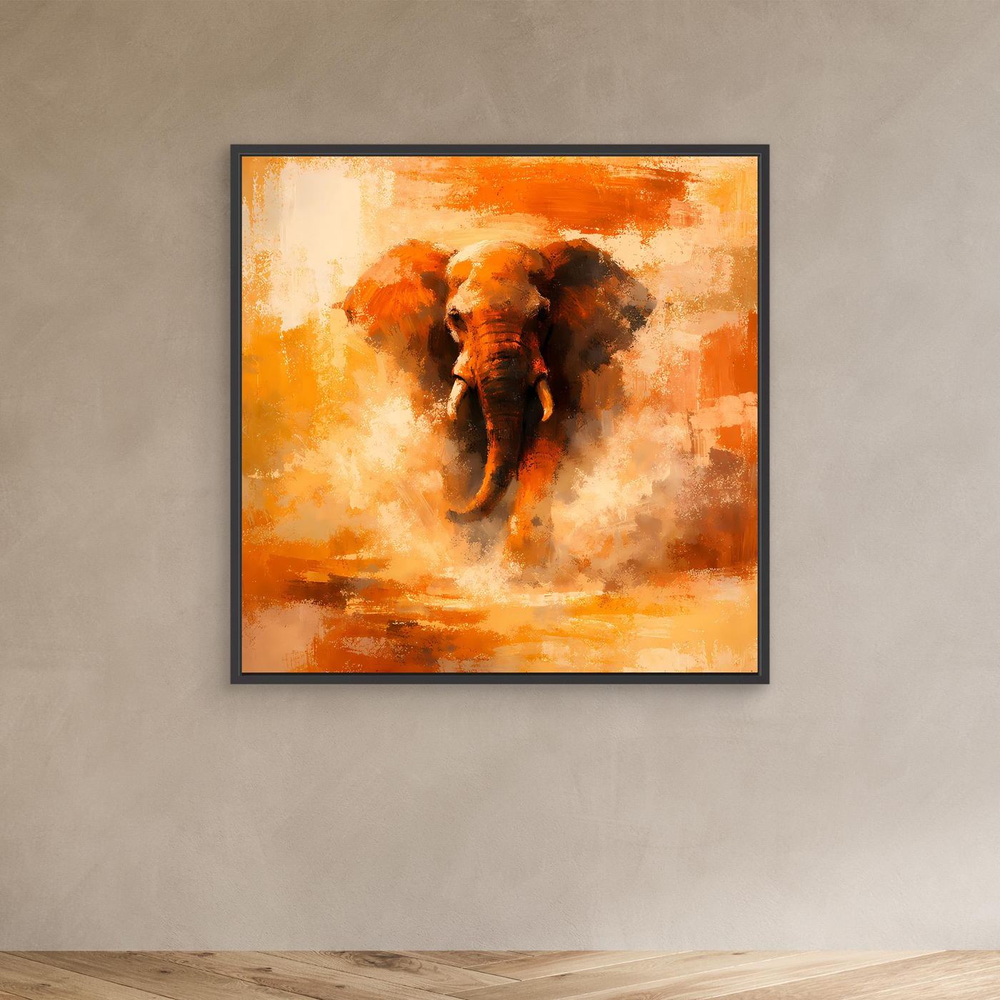 Leinwand Abstraktes Elefanten Gemälde | Modernes Kraftvolles Tier Wandbild Orange Ocker