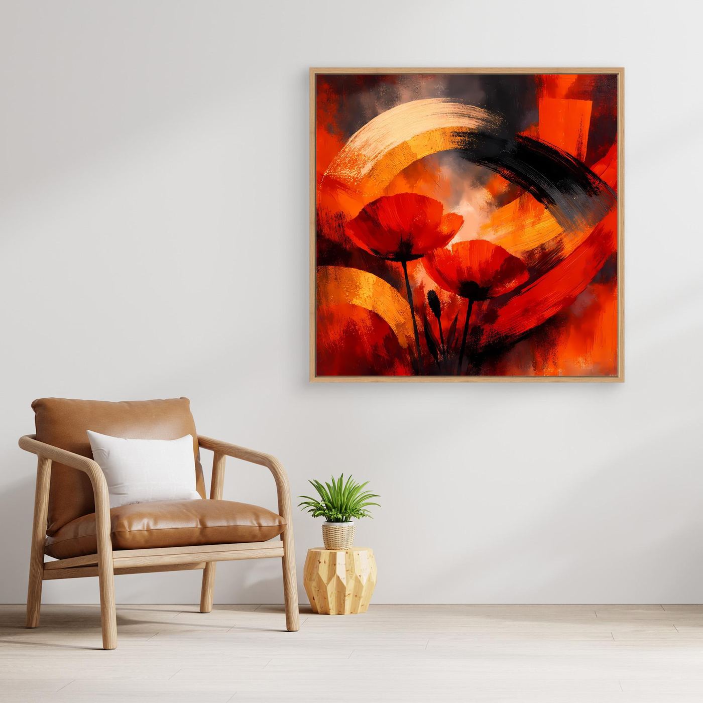 Leinwandbild mit abstrakter Mohnblüte in Rot, Schwarz und Gold, mit Holzrahmen