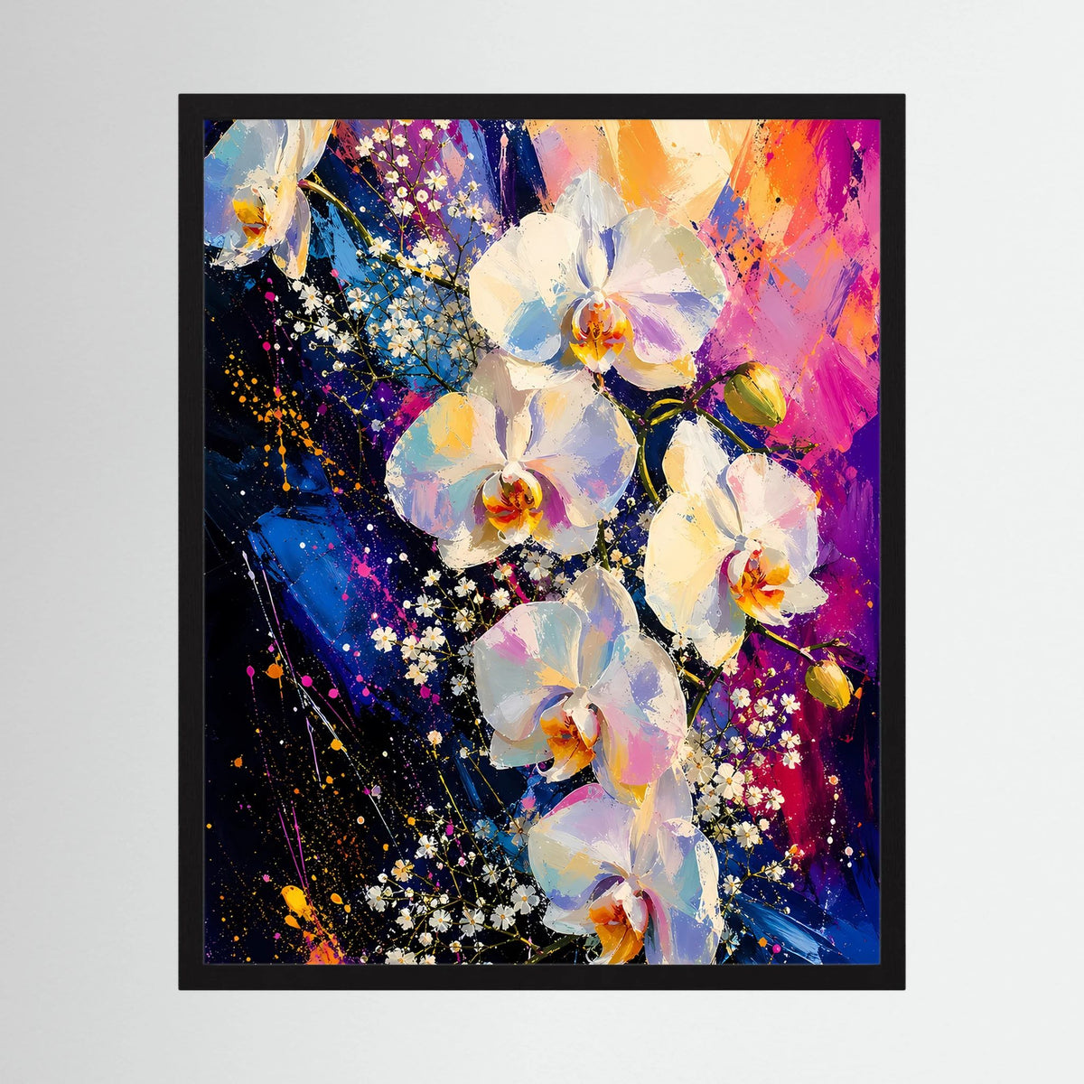 Gerahmtes Poster mit abstrakten weißen Orchideen in Pink, Blau und Gold