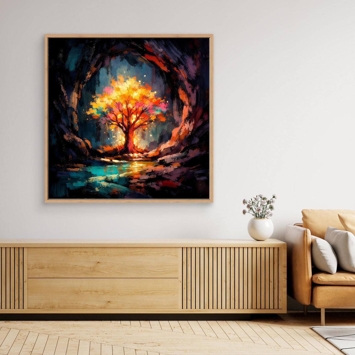Abstract life tree canvas painting with glowing autumn colors, light wood frame