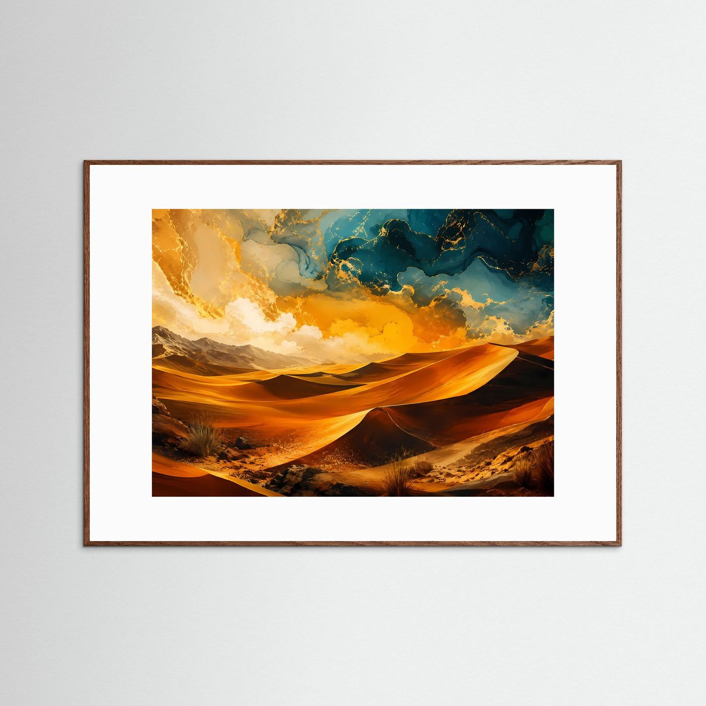 Wüstenlandschaft Poster | Abstrakte Wüste Wandbild | Gold Blau Landschaftskunst | Moderne Desert Wall Art