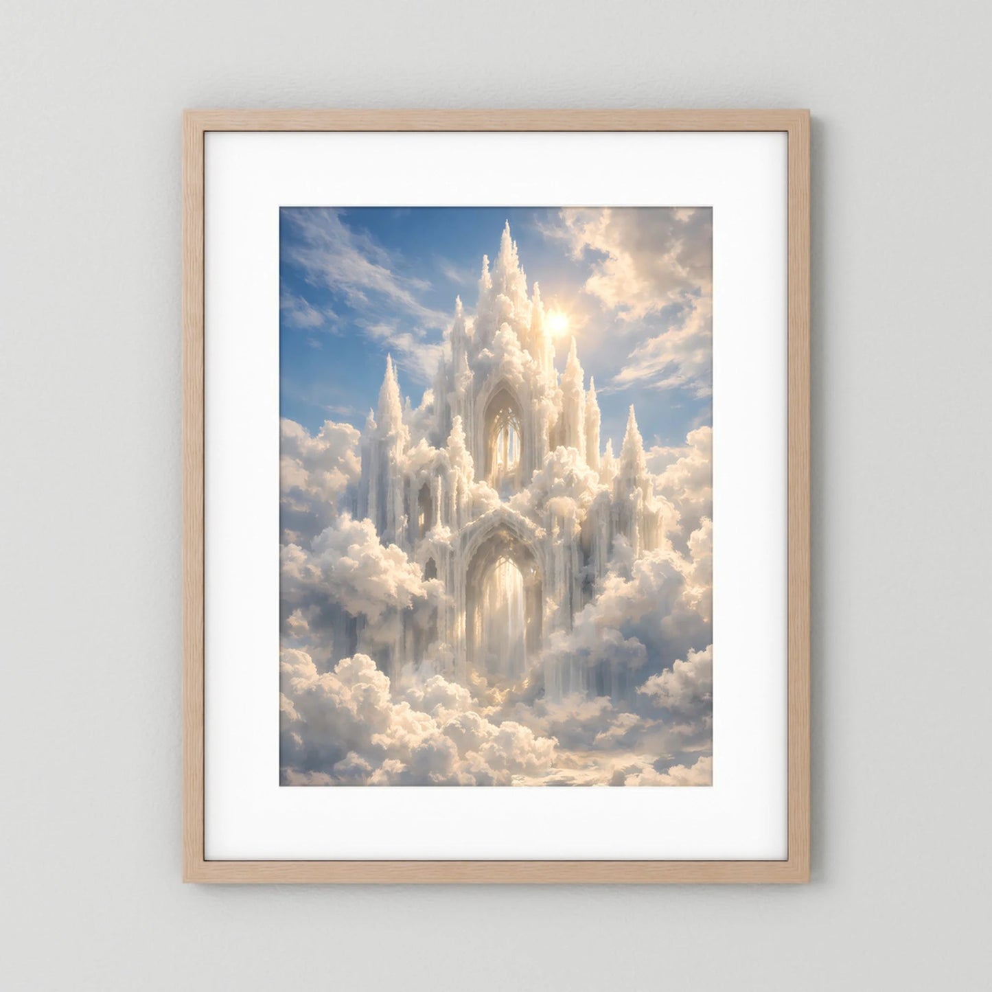Hochformatposter mit Schloss in den Wolken, Sonnenstrahlen, naturfarbener Holzrahmen mit weißem Rand