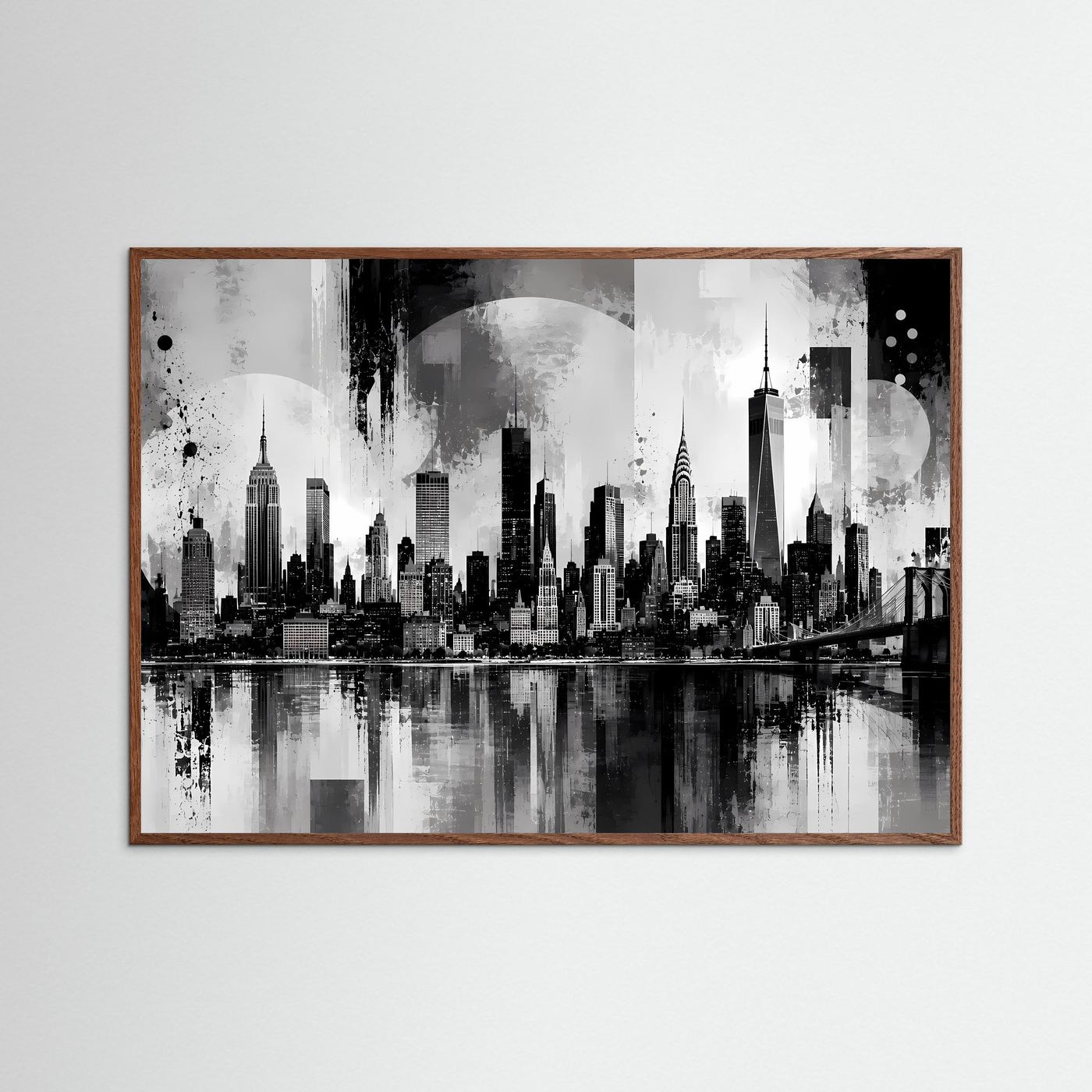 Gerahmter Kunstdruck Manhattan-Skyline in Schwarzweiß, dunkler Eichenrahmen