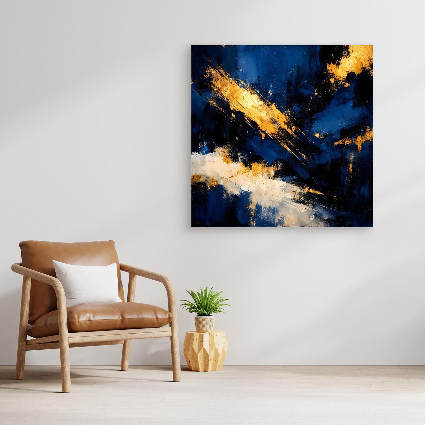Leinwand Abstraktes Universum in Dunkelblau und Gold | Modernes Expressionistisches Wandbild