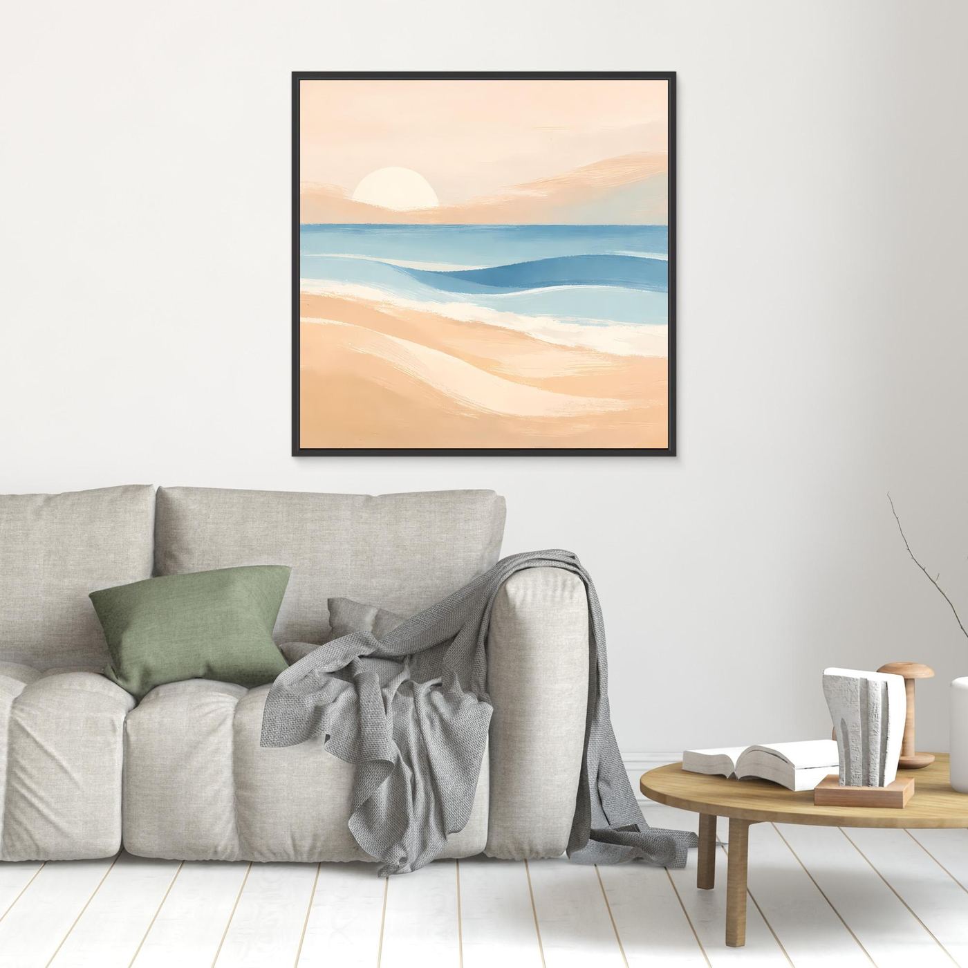 Quadratisches Leinwandbild mit schwarzem Rahmen: abstrakter Strand mit Meer und Pastellsonne.