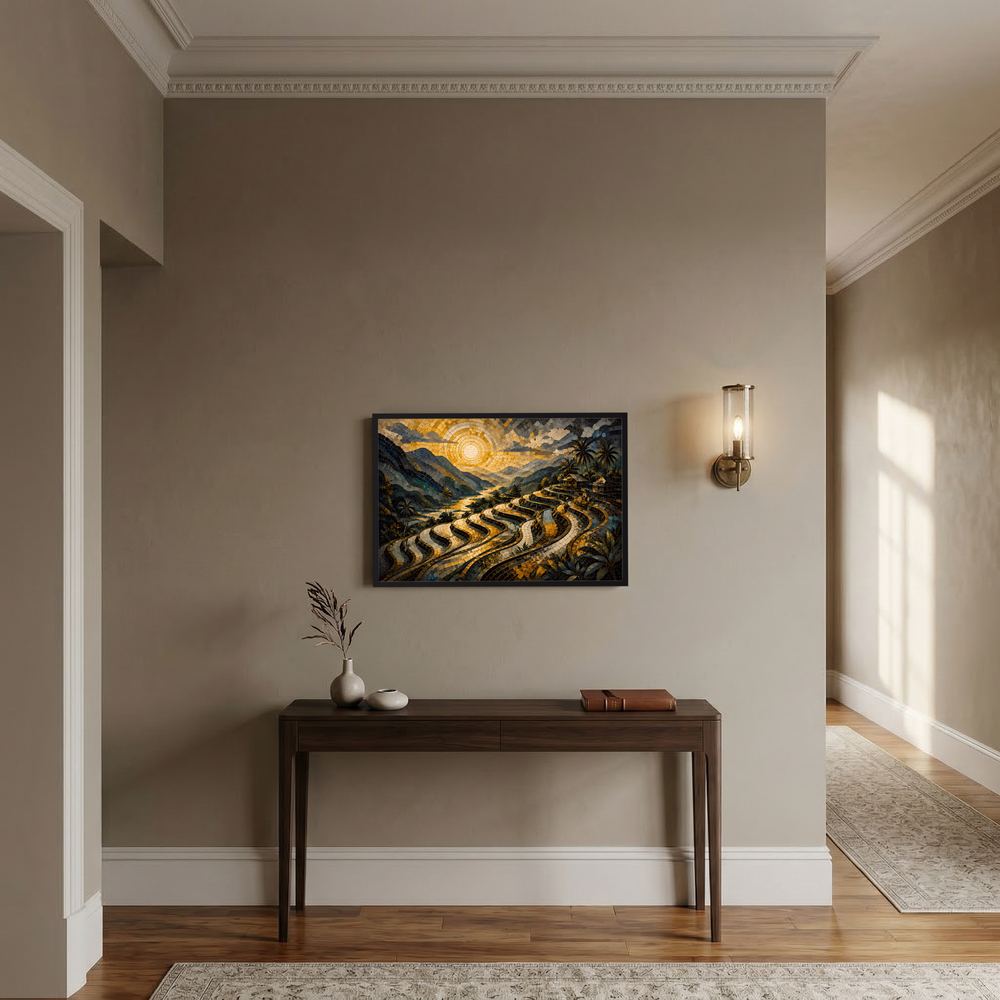 Gerahmtes Querformat-Poster mit goldenen Reisterrassen und Sonnenkreis