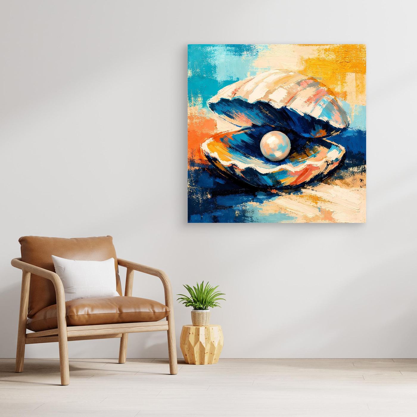 Unframed wall art with abstract seashell and pearl, teal, blue, orange, and cream