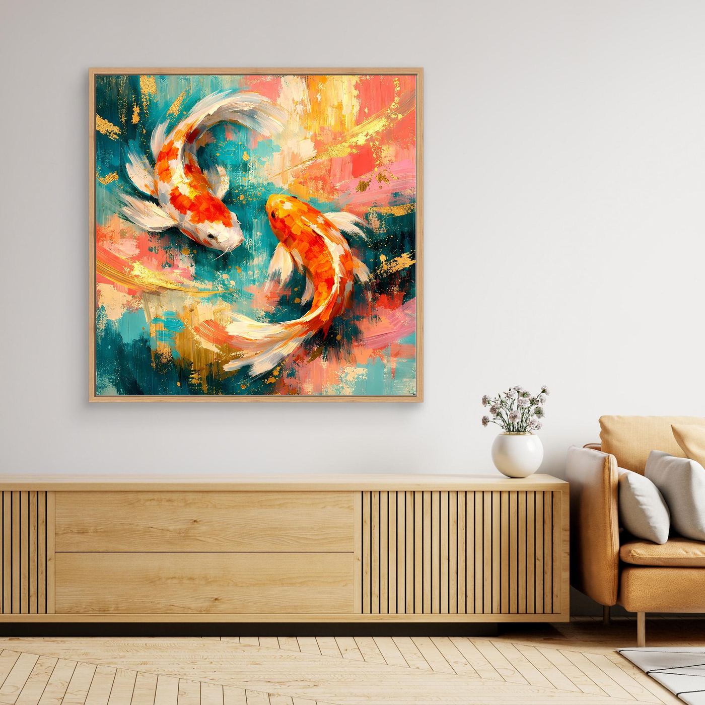 Abstraktes Leinwandbild mit Koi-Fischen in Blau, Orange und Gold, mit Rahmen