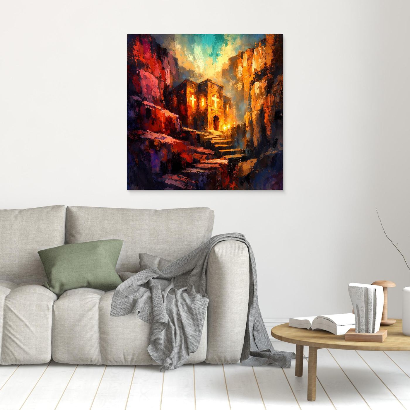 Kleines Leinwand-Wandbild mit abstraktem Felsenkloster und leuchtenden Kreuzen, ohne Rahmen