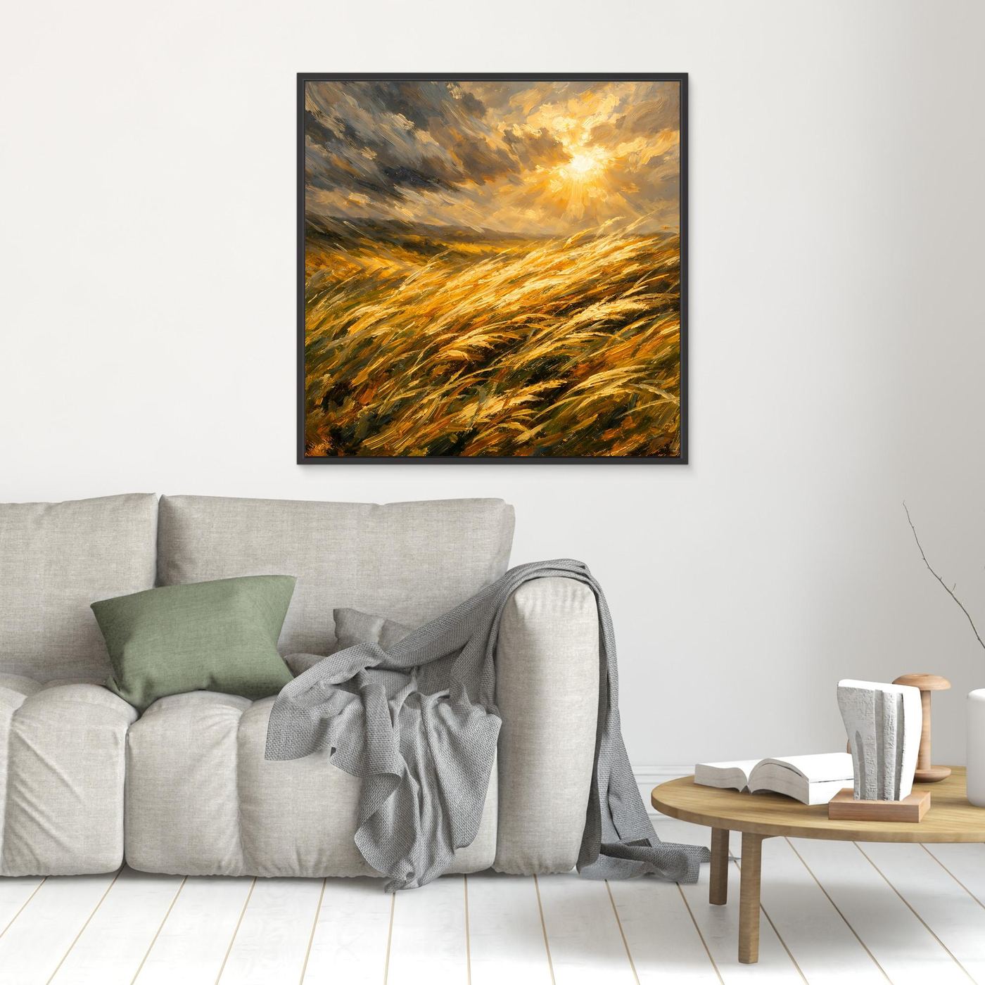Leinwandbild mit goldenem Getreidefeld im Wind und leuchtender Sonne, quadratisch, schwarzer Rahmen