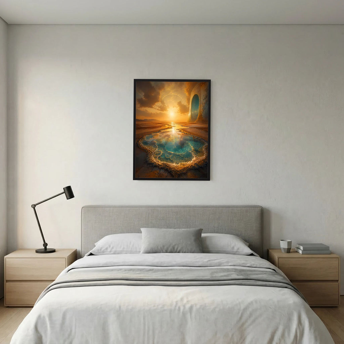 Wandposter im Hochformat mit schwarzem Rahmen: Portal im Sonnenlicht über türkisfarbenem Wasserlauf.