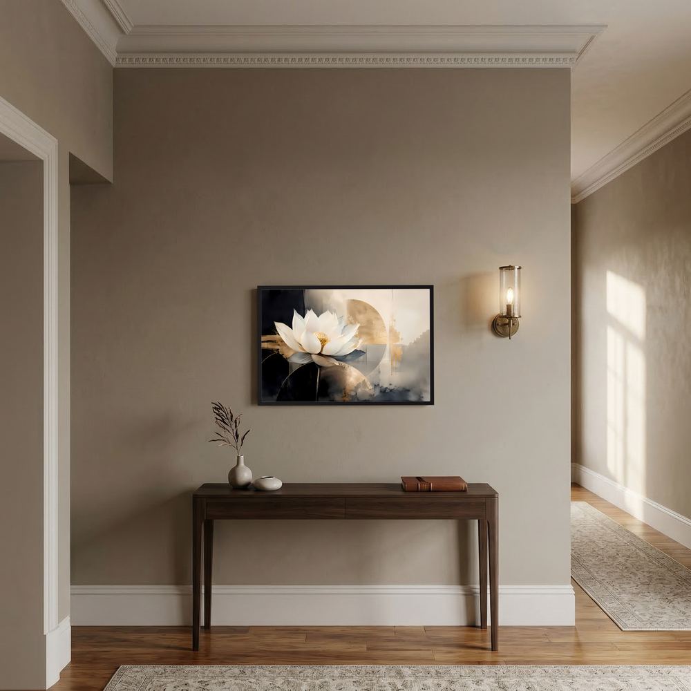 Gerahmtes Querformat-Poster mit Lotusblüte in Weiß, Schwarz und Gold