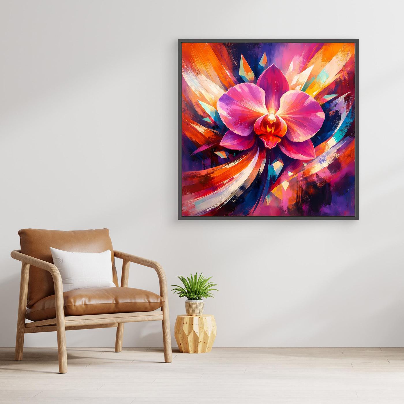 Quadratisches Leinwandbild mit abstrakter Orchidee und Strahlenmuster, eichenfarbener Rahmen