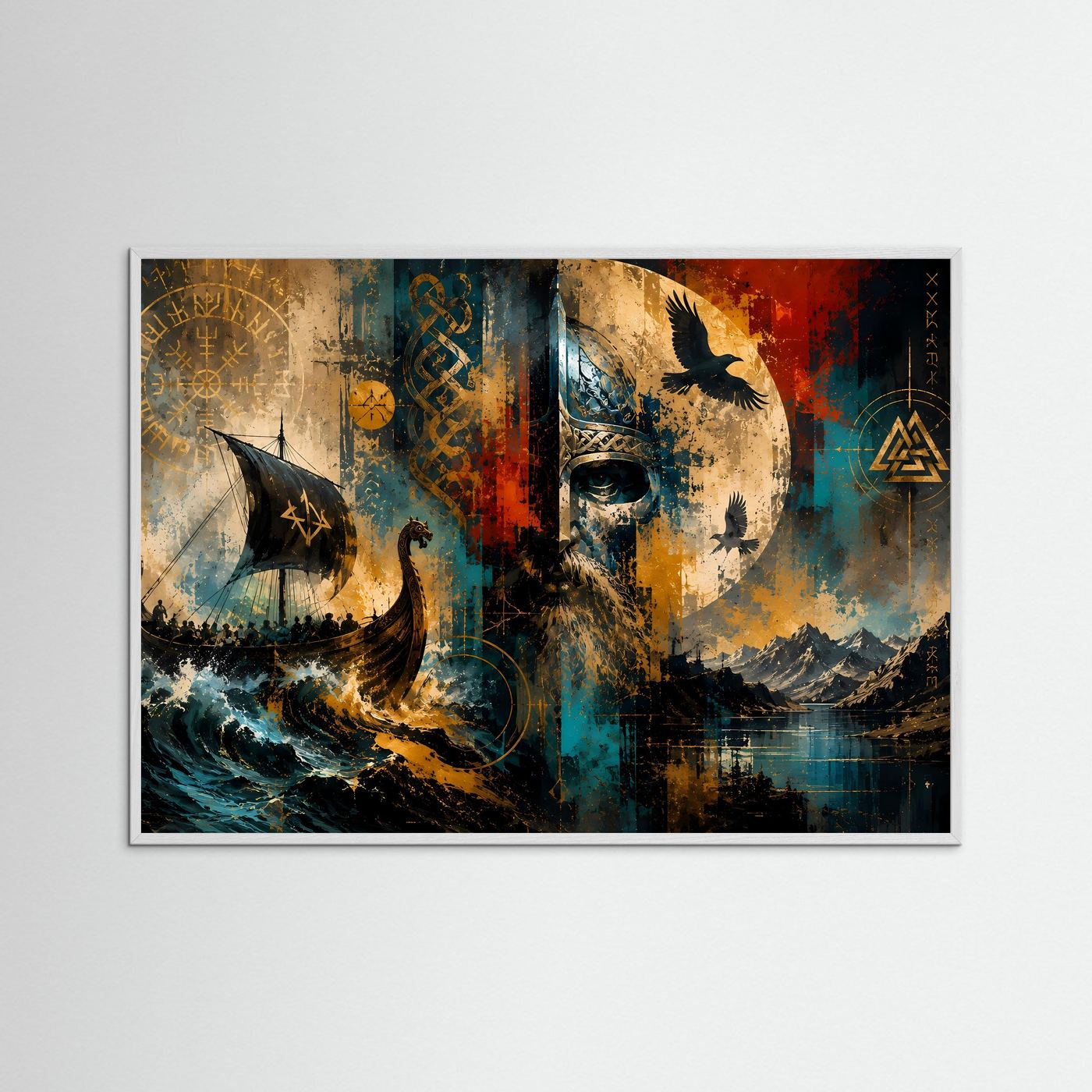 Wikinger Wandbild | Nordische Mythologie Kunst | Viking Langschiff & Krieger | Abstraktes Odin Poster | Skandinavische Premium Wanddekoration