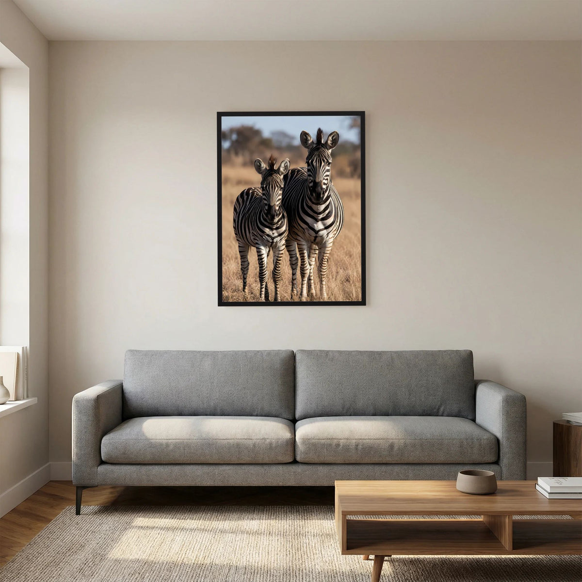 Wandposter mit Zebras (Mutter und Jungtier) im schwarzen Rahmen, hochformatig.
