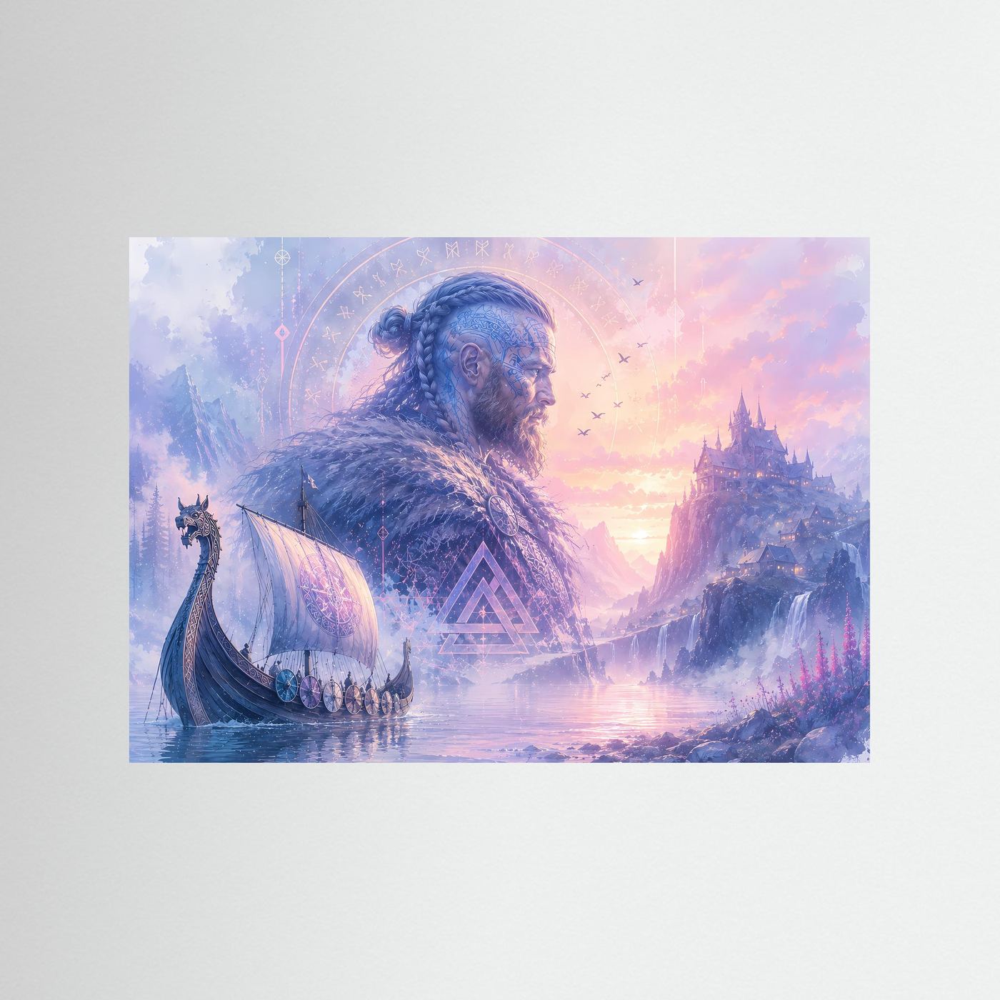 Mystischer Wikinger vor Nordischer Burg | Fantasy Viking Poster Querformat