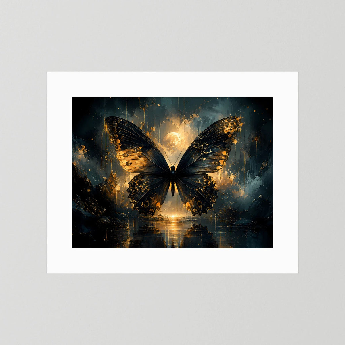 Wandposter mit weißem Passepartout und gold-schwarzen Schmetterflügeln