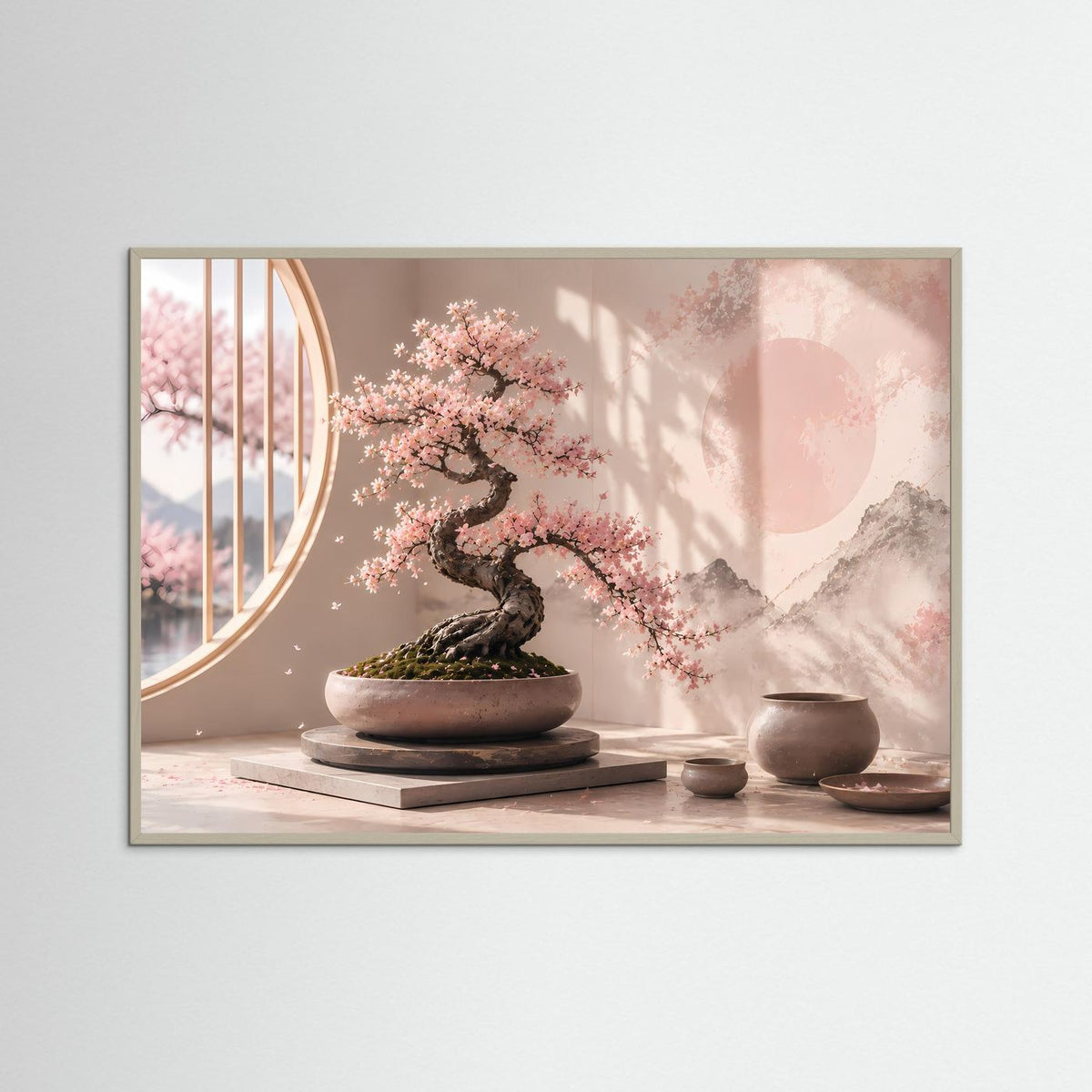 Poster im Querformat mit Bonsai und Kirschblüten in Pastellrosa, grauer Rahmen