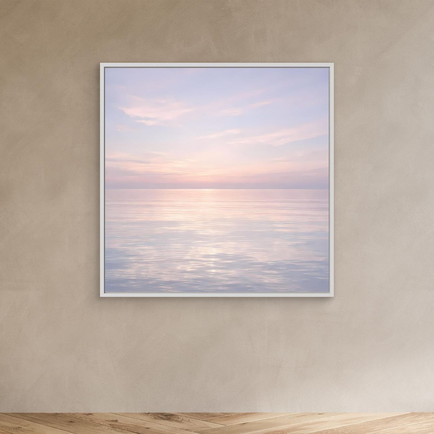 Quadratisches Leinwandbild Meer bei Sonnenuntergang, weißer Rahmen, Pastellfarben