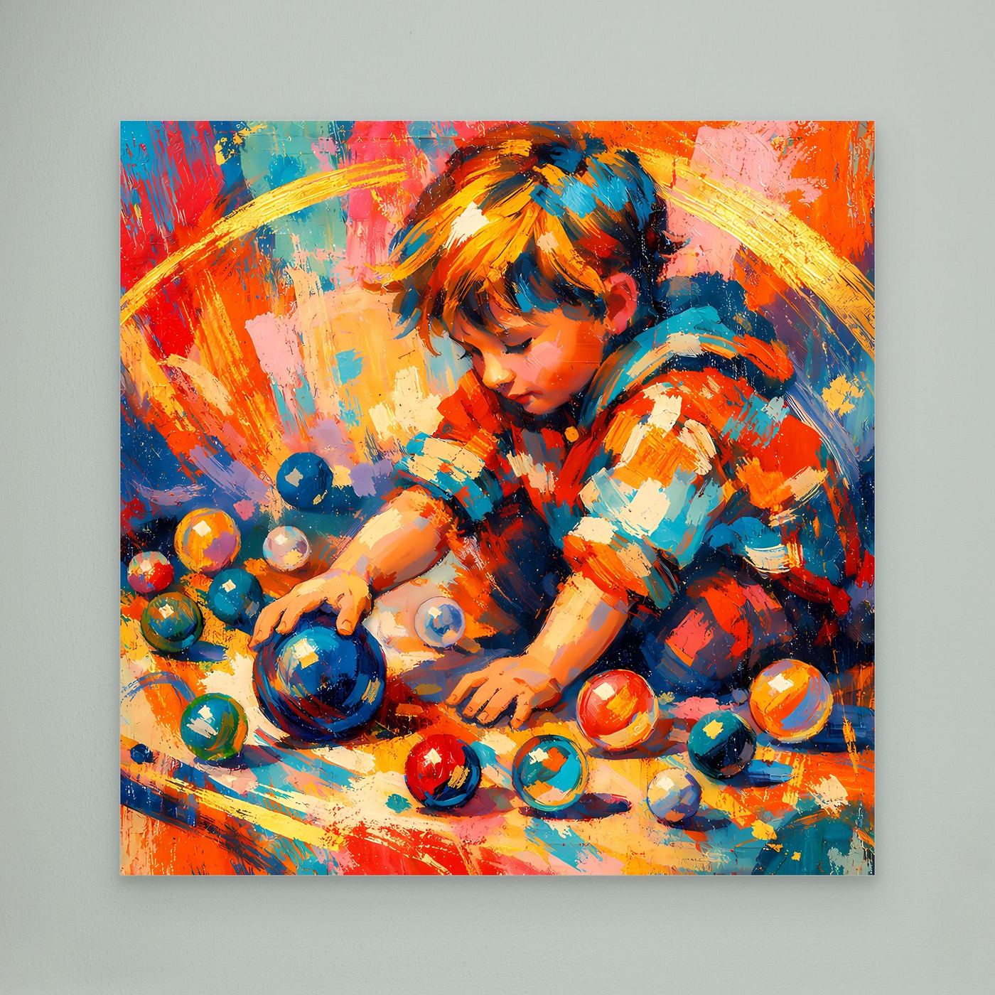 Leinwandbild Spielendes Kind mit bunten Kugeln, abstraktes Portrait, ohne sichtbaren Rahmen