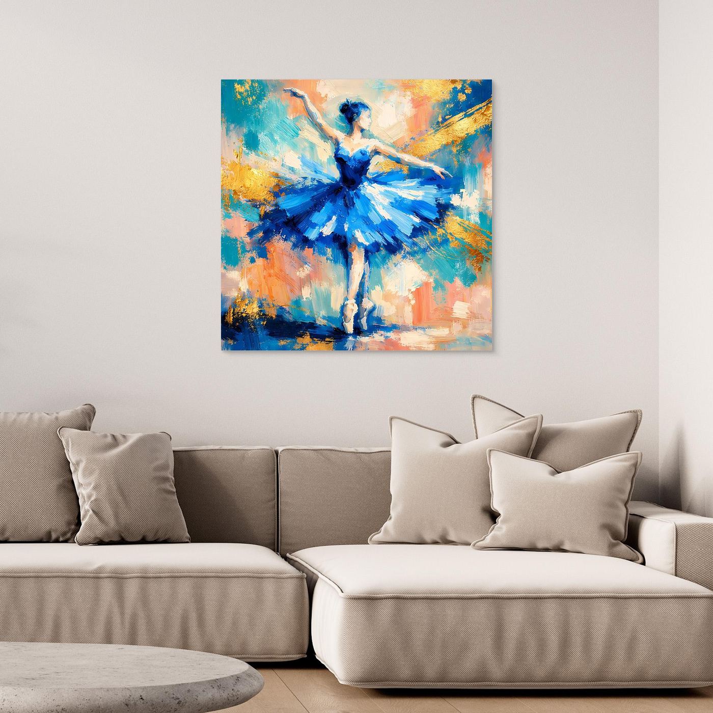 Leinwandbild mit abstrakter Ballerina in Blau, stehende Tänzerin im Kleid mit Schattierungen