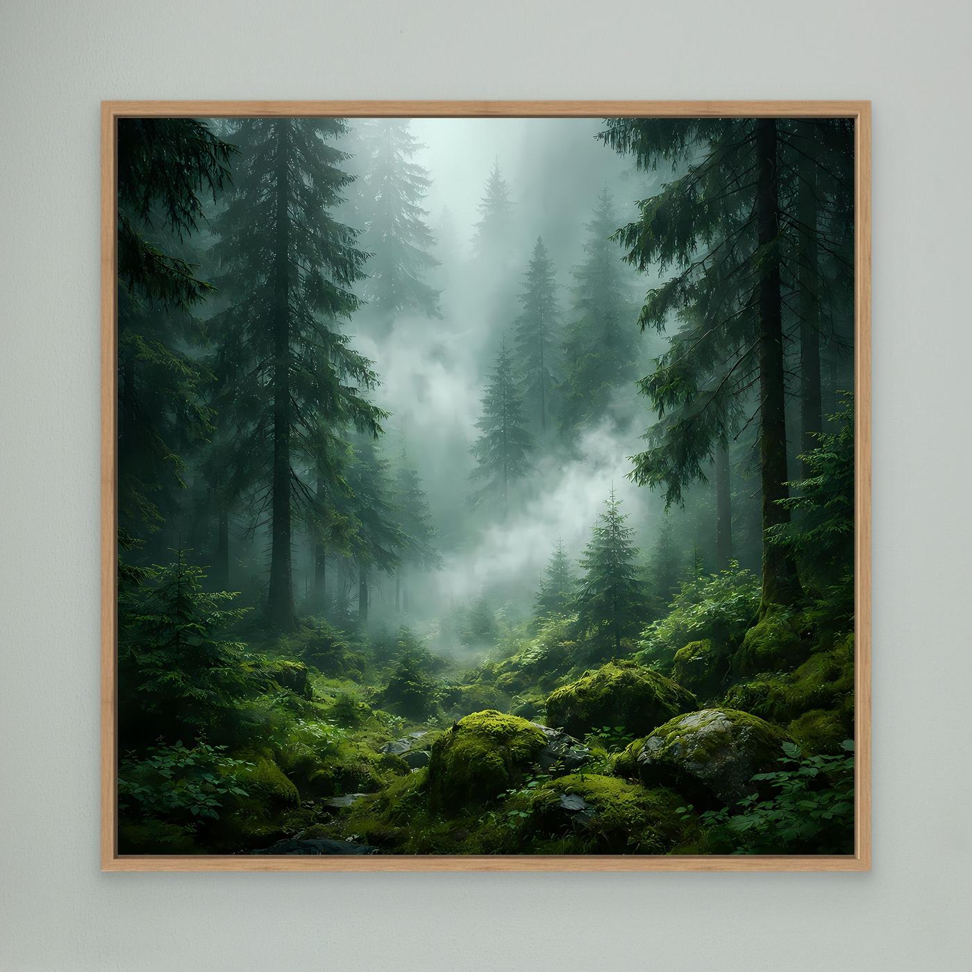 Leinwandbild Wald mit Nebel und Tannen, moosige Felsen, Eichenholzrahmen