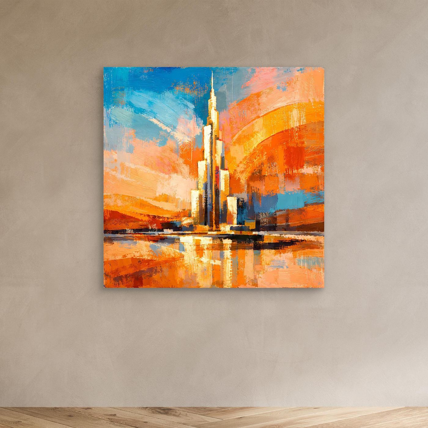 Abstraktes Leinwand-Wandbild mit Turm und Spiegelung, orange-blaue Pinselstruktur