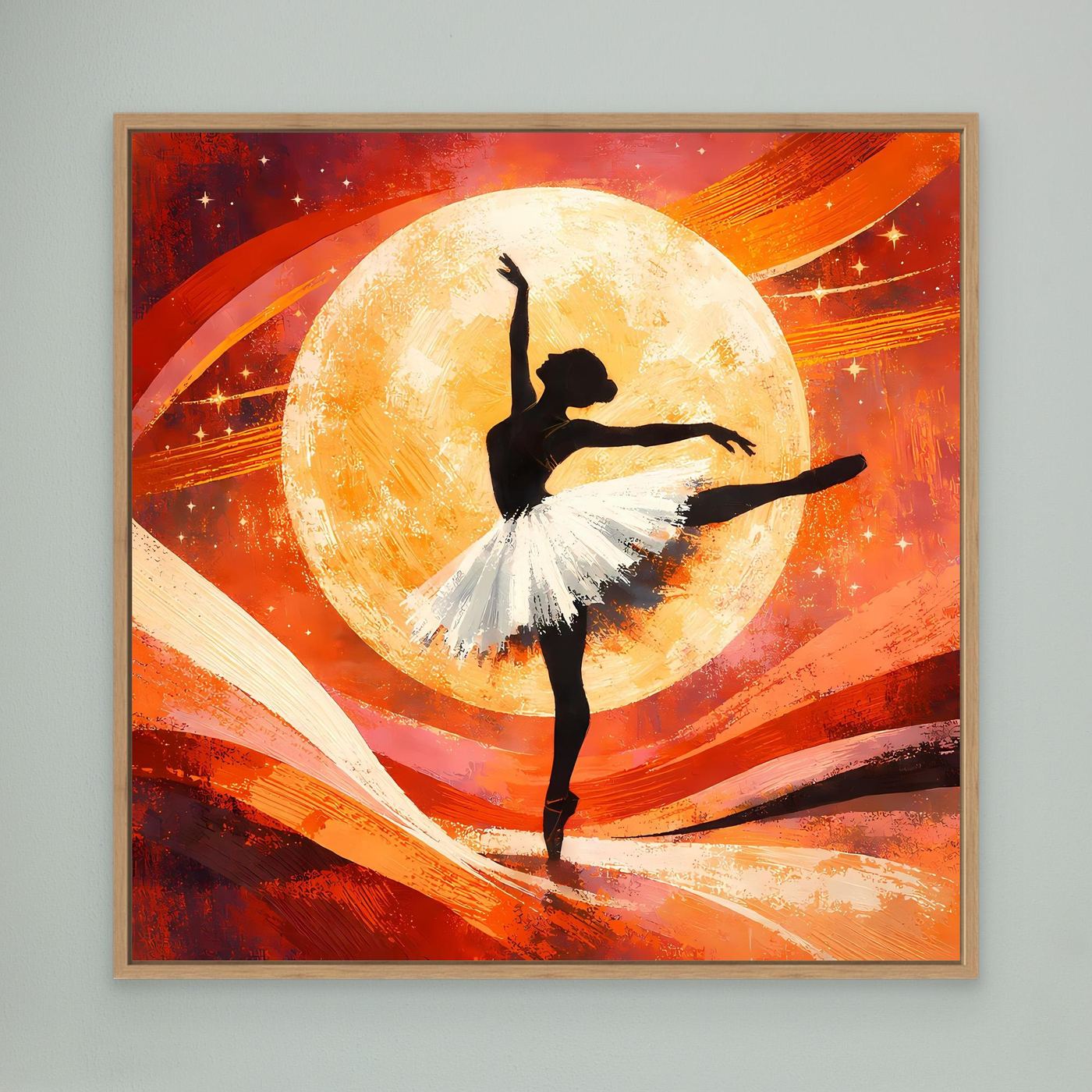 Leinwandbild mit Ballerina-Silhouette vor großer gelber Mondsichel, goldbrauner Rahmen
