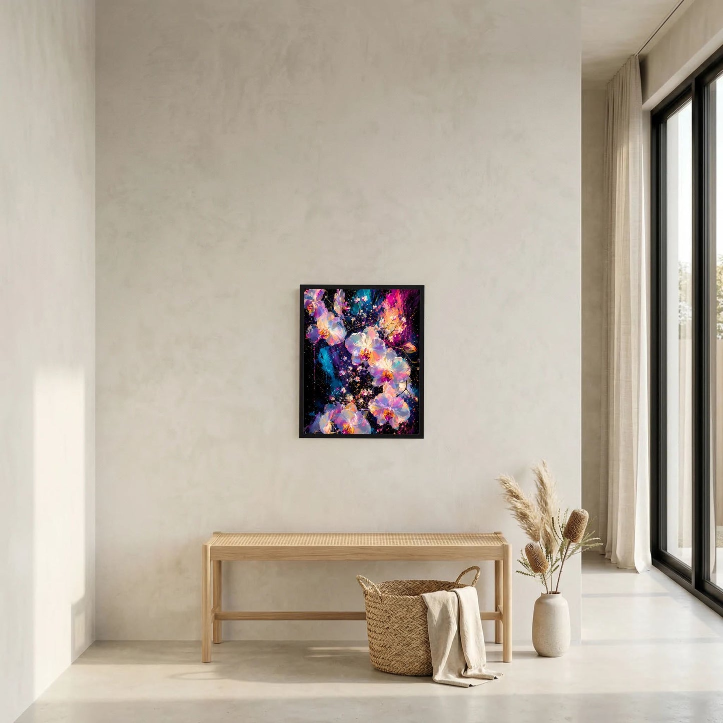 Blumenposter mit abstrakten Orchideen in Rosa, Türkis und Gold, im dunklen Farbverlauf