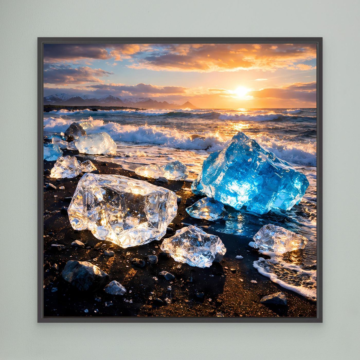 Leinwandbild mit Eisschollen am schwarzen Sandstrand und Sonnenuntergang, schwarz gerahmt