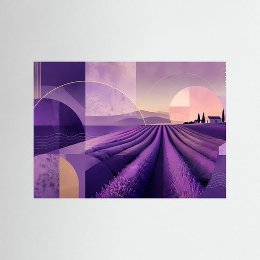 Abstrakte Lavendellandschaft in Violett und Rosa, geometrische Formen, ohne Rahmen.