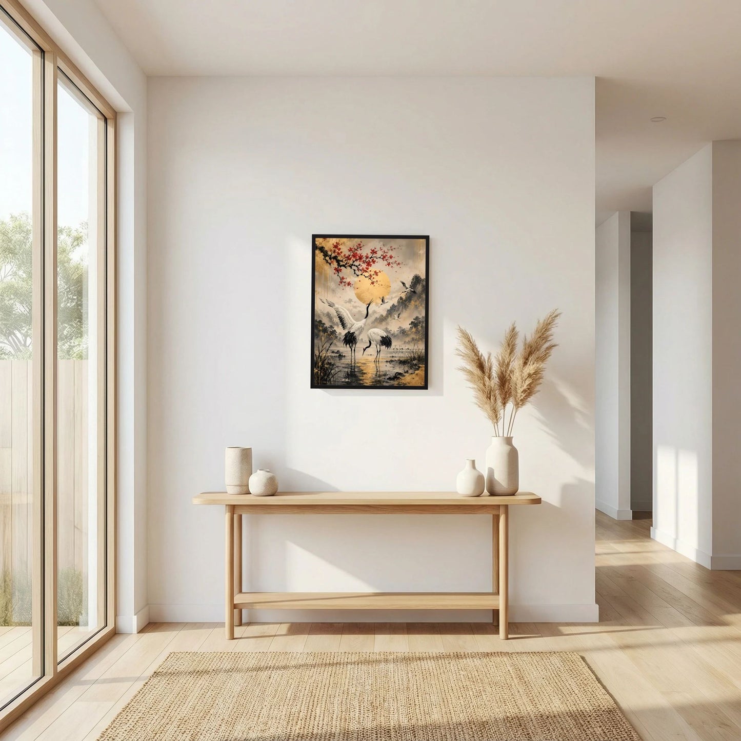 Gerahmtes Poster mit Kranichen und goldener Sonne, rote Blütenzweige über Landschaft