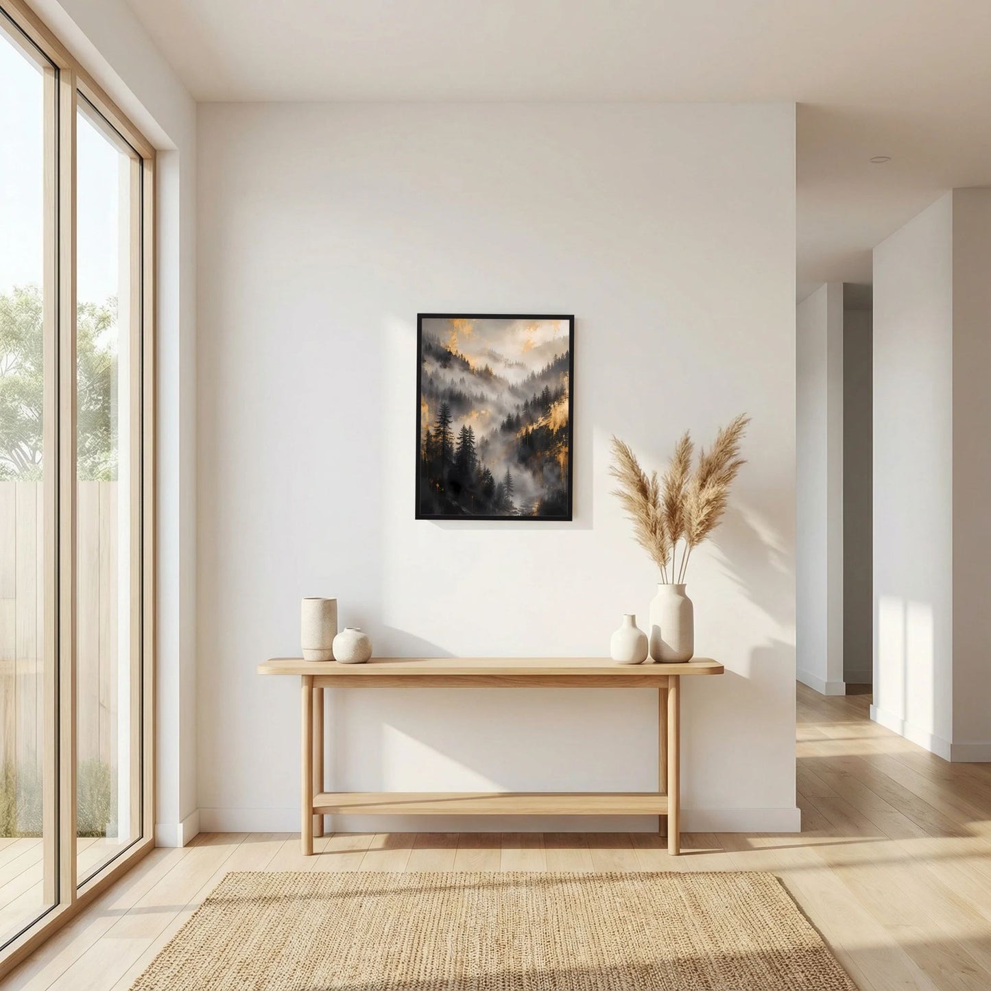 Gerahmtes Poster im Hochformat mit nebliger Berglandschaft, Tannen und goldenem Morgenlicht
