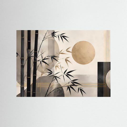 Querformat-Poster mit Bambus, goldenen Linien und Kreisform in Schwarz-Gold-Geometrie