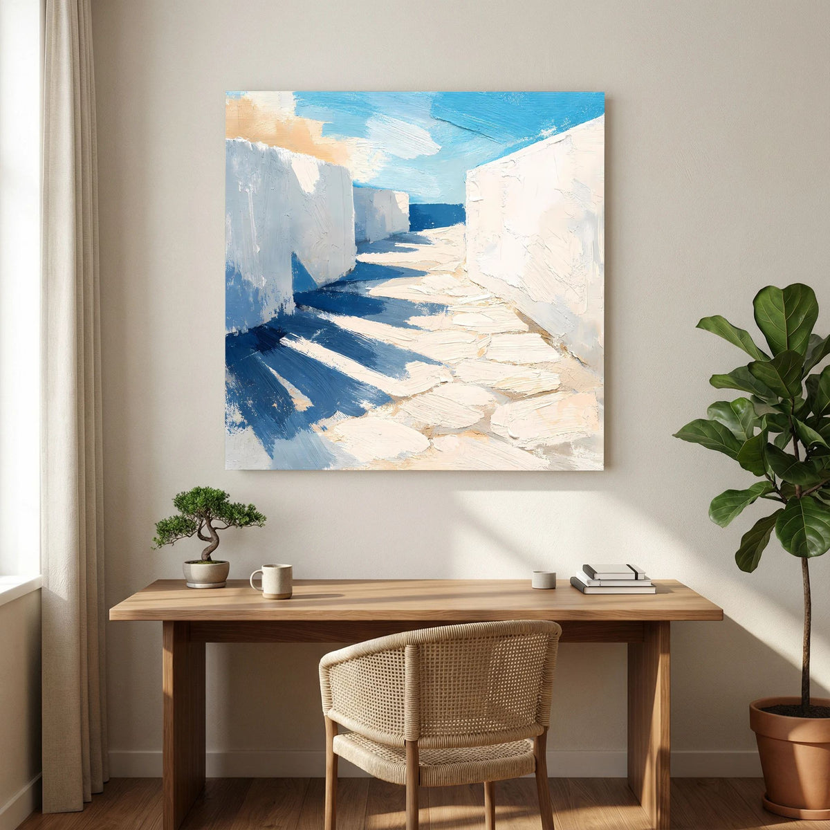 Abstraktes Küsten-Leinwandbild mit blauem Schattenstreifen, weiß-beigen Flächen