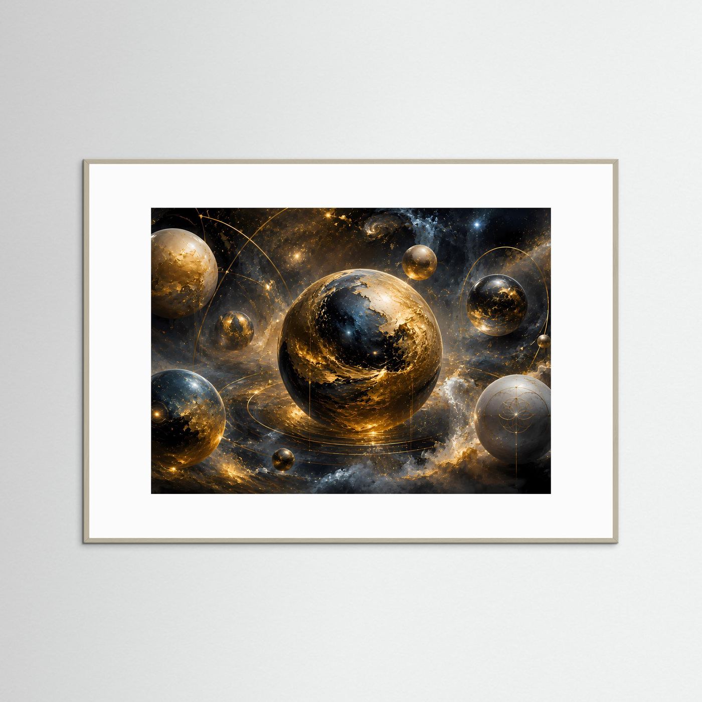Abstraktes Weltraum-Poster mit Planeten, Gold-Schwarz, weißer Bilderrahmen