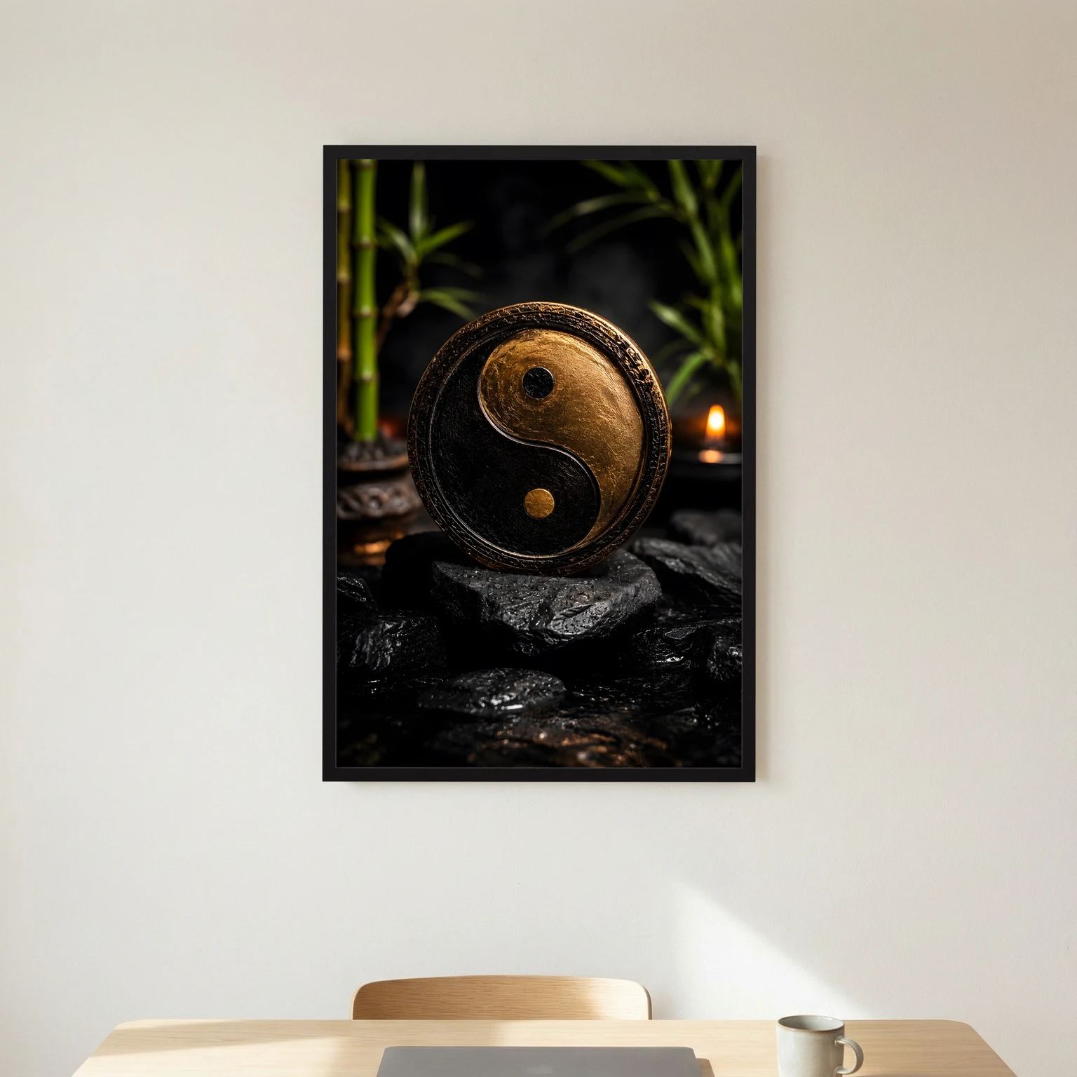 Yin-Yang-Wandbild im Hochformat mit schwarzem Rahmen; goldenes Yin-Yang auf schwarzen Steinen