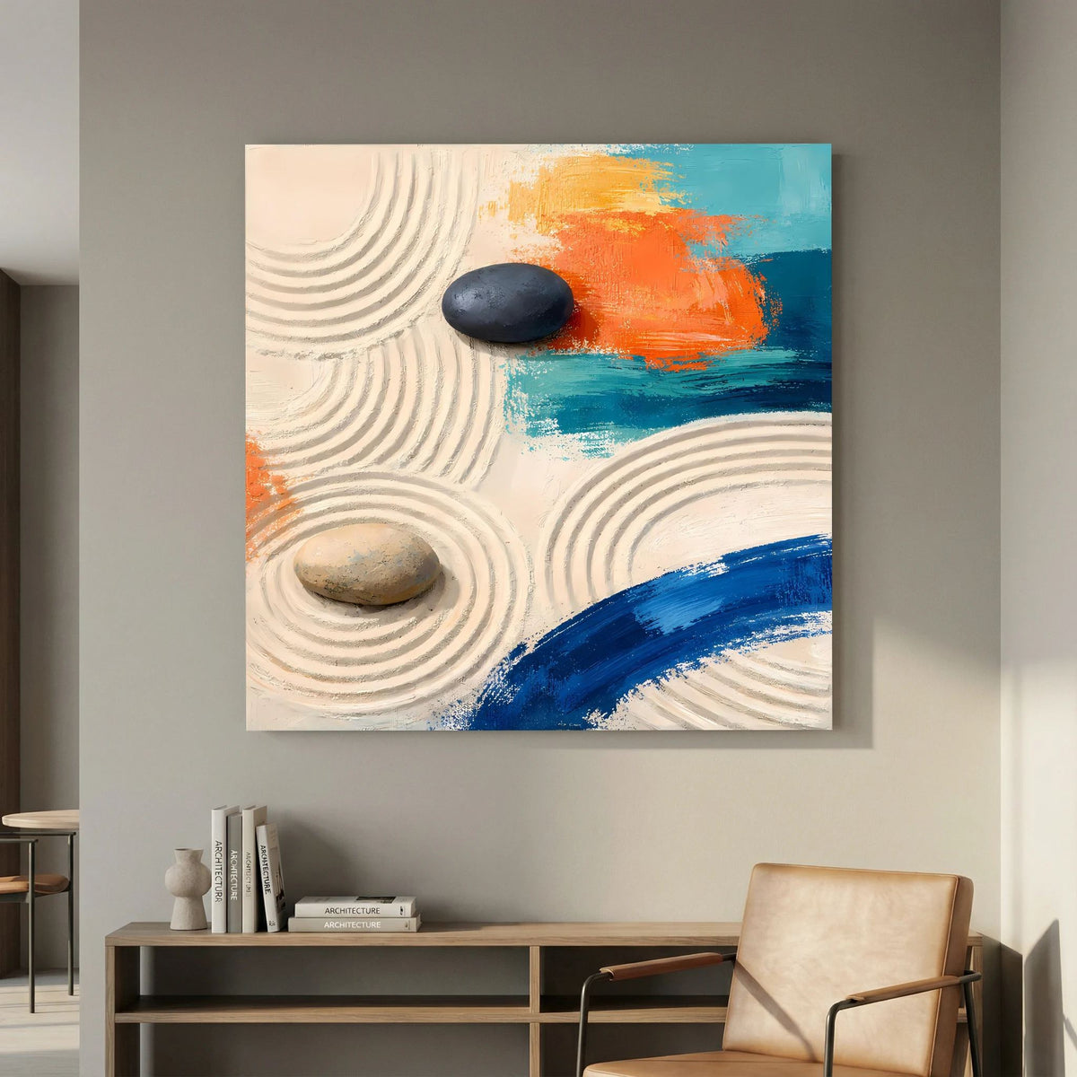 Zen-Leinwandbild mit kreisförmigen Rillen, schwarzem Stein und orange-blaue Farbschicht