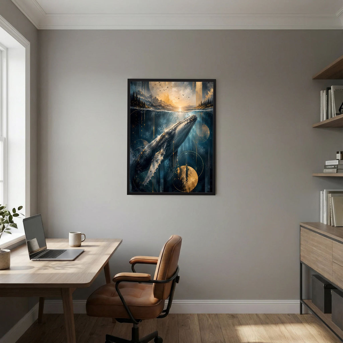 Hochformat-Poster mit schwarzem Rahmen: Wal im Meer, warme Goldtöne und Blauschattierungen