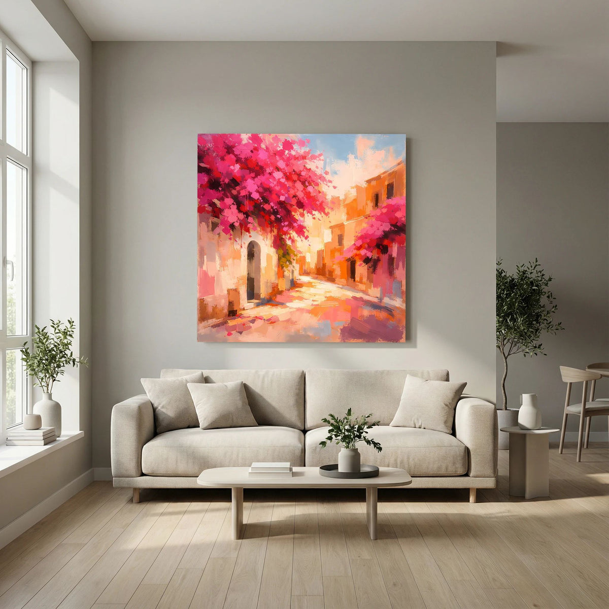 Abstraktes Leinwandbild einer mediterranen Gasse mit rosa Blüten und orangefarbenen Wänden