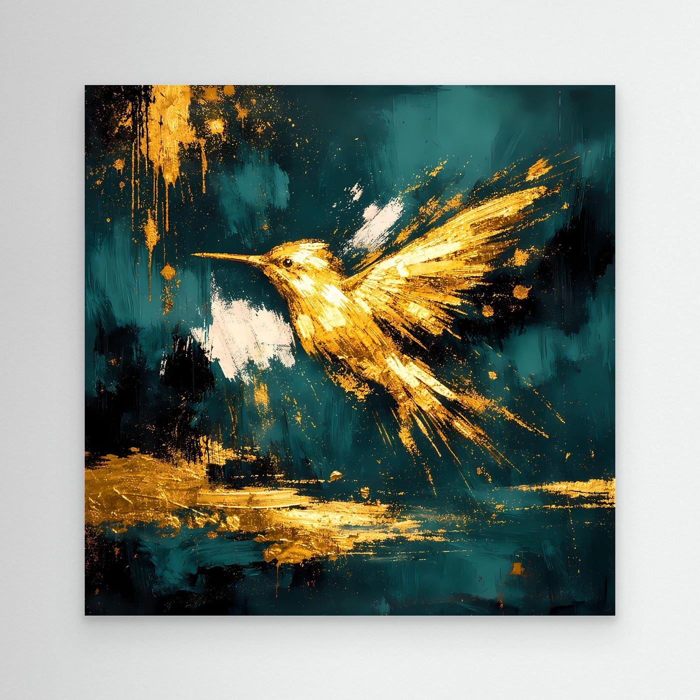Leinwand Goldener Kolibri im Flug | Abstraktes Modernes Vogel Wandbild Kunst