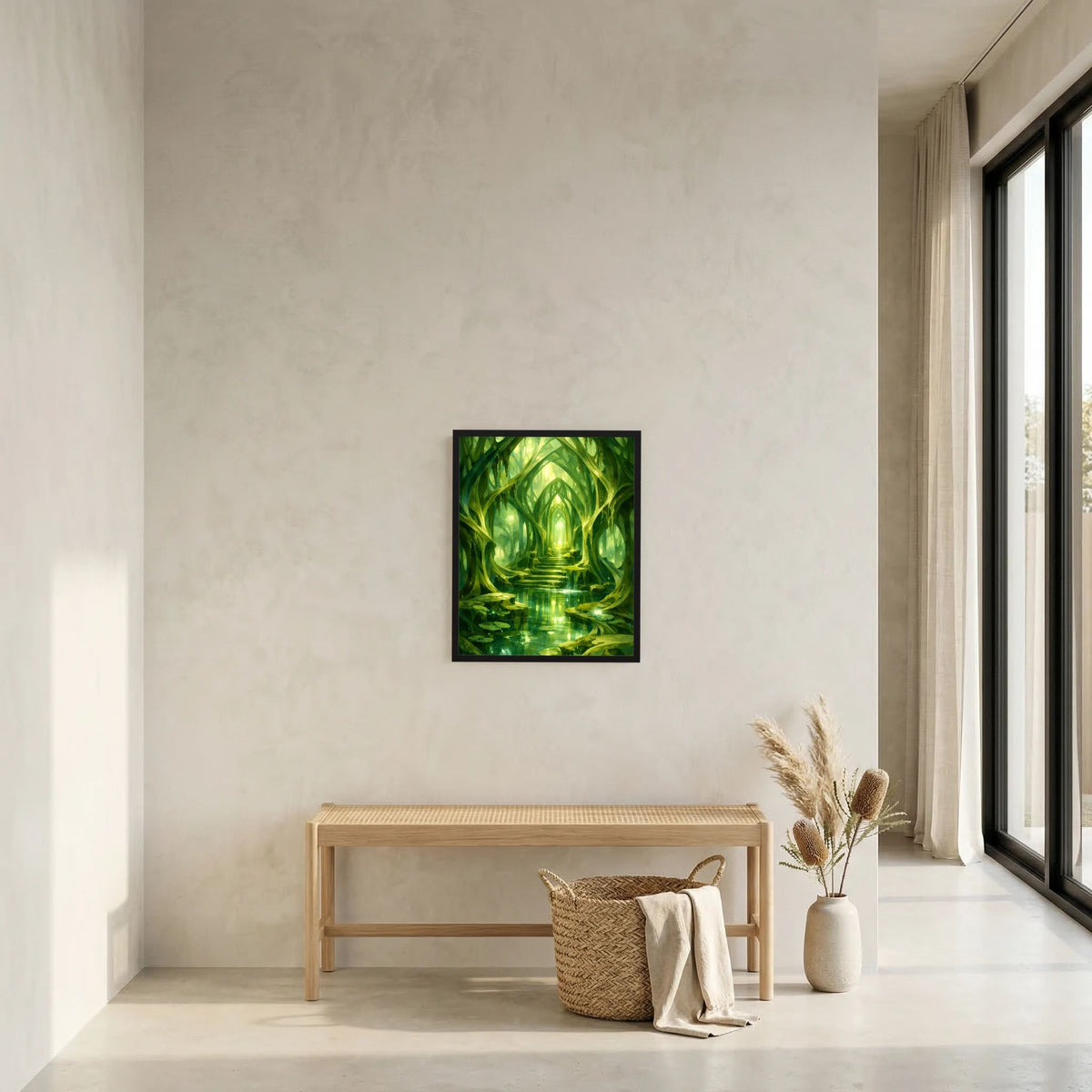Grünes Kunstposter Waldtempel mit leuchtendem Gang über spiegelndem Wasser