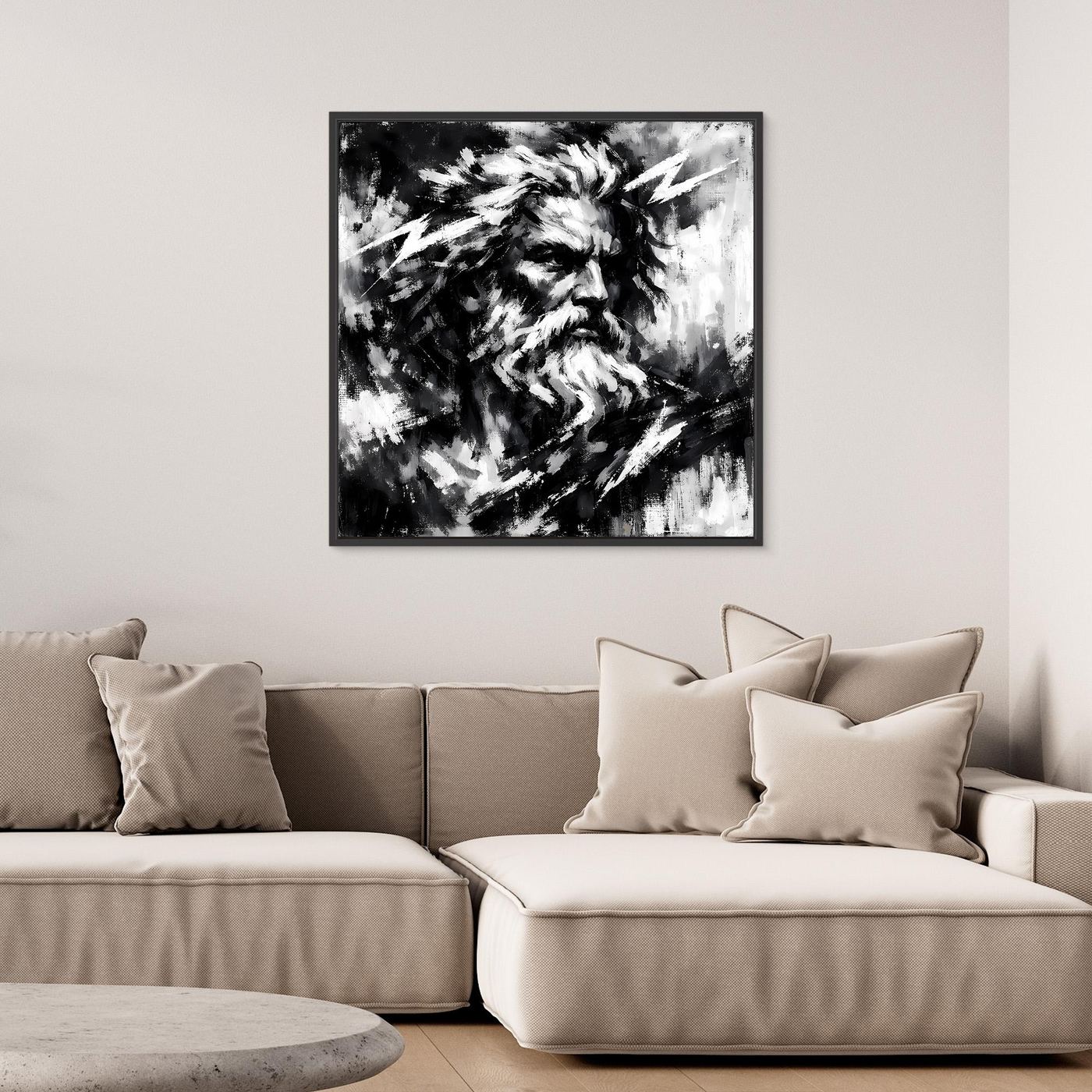 Black-and-white abstract Zeus portrait wall art, square print in black frame.